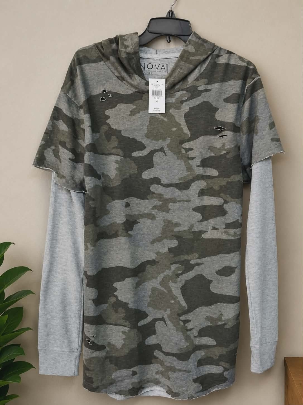 Nova Industries Camo Hoodie Medium NWT Y2K Raw Hem Thermal Layered Distressed